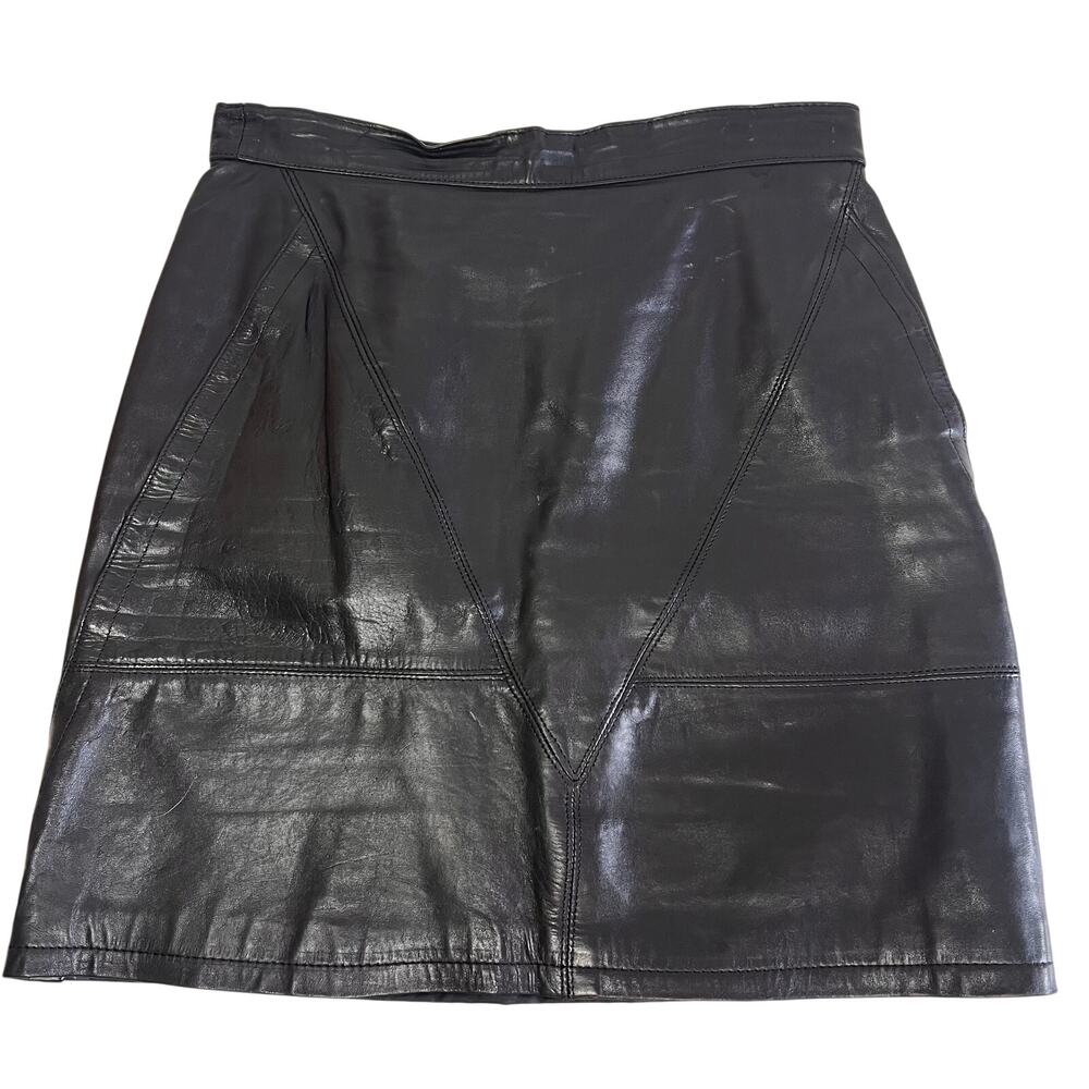 Vintage Sea Dream Black 100% Leather Mini Skirt Y2K 90s A-Line Size 10 Modern S